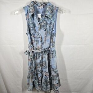 Emory Park Blue Paisley Sleeveless Shirt Dress Size Small‎ S Belted Ruffle Hem